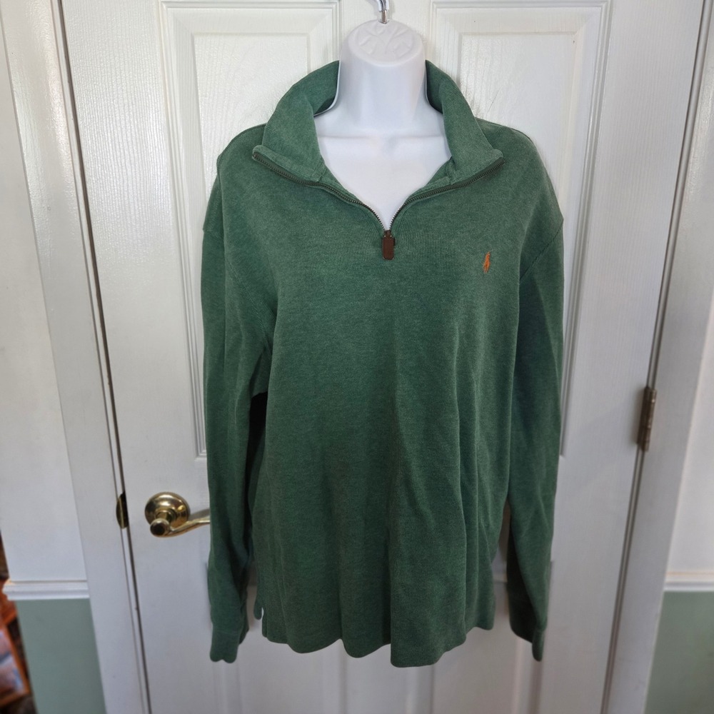 Polo Ralph Lauren Mens Green Cotton Quarter Zip Pullover Sweater Large Preppy